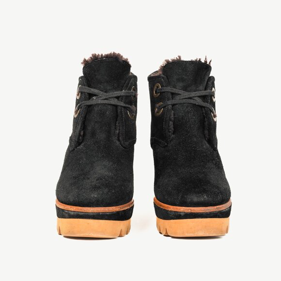 See by Chloe Ethel Black Shearling-Lined Suede Wedge Desert Booties - Picture 2 of 10